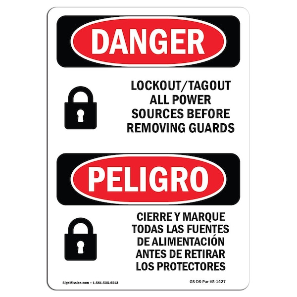 Safety Sign, OSHA Danger, 24" Height, Rigid Plastic, Lockout Tagout All Power Sources Spanish